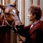 Eine Frau mit lockigem Haar streichelt ein Pferd in einem Stall. Sie trägt einen roten Pullover.