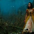 Keine sichtbaren Texte. Eine Frau mit blutigem, altmodischem Kleid steht in einem nebligen Wald. Atmosphäre ist düster.