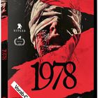 "1978", Vorab-Cover, FSK 18 beantragt. Illustration: Gefesseltes Gesicht, düster und rot-schwarz gestaltet.