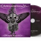 "Apocalyptica" oben, "Worlds Collide" unten. Illustration: Cello mit Totenkopf und Flügeln auf lila Hintergrund.