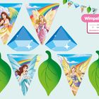 Text: Wimpelkette, schnippeln, lochen, Das brauchst du noch: Band. 

Bunte Wimpel mit Feenmotive, Blätter und Diamantformen.
