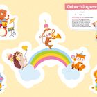 "Geburtstagsmobile. Tiere mit Instrumenten auf Regenbogen, bunte und fröhliche Szene mit Löwe, Elefant, Affe, Fuchs, Igel."