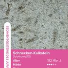 Text: "Schnecken-Kalkstein, Solothurn (SO), Alter 152 Mio. J., Härte, Tiefe 2 km, Dichte 2,64 g/cm³." Beige-graue Steintextur.