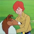 Illustration eines Jungen mit rotem Haar und einem Collie-Hund. Der Junge trägt ein gelbes Hemd und lächelt den Hund an.