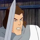 Ein entschlossener Ritter mit braunem Haar blickt kampfbereit, Schwert erhoben, vor einer Holzwand.