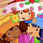 Illustration von drei fröhlichen Mädchen mit bunten Hüten, die Erdbeeren, Blumendesign und Lebkuchenmann haben.