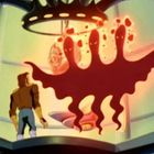 Ein Mann steht vor einer geheimnisvollen roten Gestalt mit drei Augenflecken in einer futuristischen Umgebung.