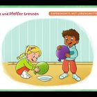 "Salz und Pfeffer trennen", "EXPERIMENTE MIT LEBENSMITTELN". Zwei Kinder mit Ballons über einer Schüssel, kindliche Illustration.