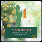 "Hello sunshine! Für den perfekten Start in den Advent." Silhouette in Gebetshaltung, Sterne und Schneeflocken auf grünem Hintergrund.