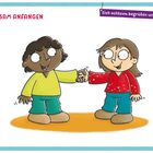 "Langsam anfangen", "Sich achtsam begrüßen und spielen". Zwei fröhliche Kinder geben sich die Hand. Zeichentrickstil.