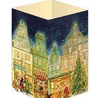 Die Illustration zeigt Häuser mit den Zahlen 18, 19, 24. Unten stehen Marktstände und ein beleuchteter Weihnachtsbaum.