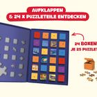 "Aufklappen & 24 x Puzzleteile entdecken. 24 Boxen mit je 25 Puzzleteilen." Ein Kalender mit nummerierten Türchen.