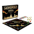 "MONOPOLY MEGA EDITION DEUTSCHLAND" auf der Schachtel und dem Spielbrett. Schwarzes Design mit goldenen Details.