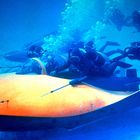 Taucher umgeben ein gelbes, flaches Unterwasserfahrzeug, während Blasen aufsteigen.