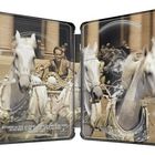 Ein altertümlicher Streitwagen mit weißen Pferden. Ein Mann in antiker Kleidung steuert sie in einer historischen Kulisse.