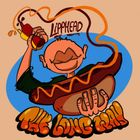 "Lipphead" oben, "The Long Way" unten. Illustration eines lachenden Mannes mit Hot Dog und Ketchupflasche.