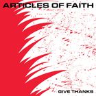Text: "ARTICLES OF FAITH", "GIVE THANKS". Rote, zackige Muster auf weißem Hintergrund. Grafische, dynamische Darstellung.
