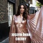 JOSEFIN ÖHRN CHERRY. Eine Frau in einem glänzenden, roségoldenen Kleid mit offenen Armen steht draußen.