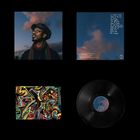 Text: "A future untold, those of the sky, dignity, rise, flight, call to power..."  
Oben links: Person mit Mütze vor Wolkenhimmel.  
Unten links: Bunte, abstrakte Illustration.  
Unten rechts: Schallplatte.