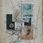 Texte: "rather," "beach," "nylon," "nowhere," "without." Collage mit Fäden, Kettengliedern und einem Vorhängeschloss.