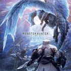 "MONSTER HUNTER WORLD ICEBORNE" steht vor eisiger, fantastischer Szenerie mit Jägern und einem geflügelten Wesen.
