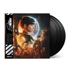 "Stellar Blade" Logo, Beschreibung eines Vinyl-Sets: Soundtrack mit kosmischen, orchestralen, elektronischen Elementen. Sci-Fi-Grafik.