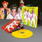 Der Text "telex" und "MAXI" erscheint auf knalligen Albumcovern. Drei schemenhafte Figuren sind künstlerisch dargestellt.