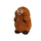 Ein brauner Plüschbiber mit großen Zähnen und dunklen Pfoten, stehende Position.