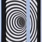 Notebook mit spiralförmigem Muster in Schwarz-Weiß. Ein hellblaues Band hält es zusammen. Es liegt in einer Box.