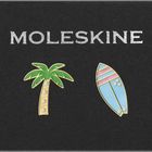 MOLESKINE. Eine Palme und ein Surfbrett mit bunten Streifen auf schwarzem Hintergrund.