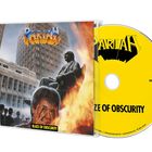 „PARIAH“, „BLAZE OF OBSCURITY“. CD-Hülle mit brennender Menschenskulptur vor Gebäuden. CD in Gelb mit „PARIAH“.