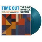 "TIME OUT The Dave Brubeck Quartet" oben, mit Songtiteln darunter. Bunte geometrische Formen und blaue Schallplatte.