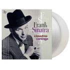 "2lp, Frank Sinatra, sinatra swings." Ein Mann im Anzug und Hut hält eine Karte. Rechteckige Vinyl-Hülle.