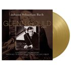 „Johann Sebastian Bach“, „GLENN GOULD piano“, Werke und Partitas erwähnt. Schwarz-weiß Bild von Glenn Gould, goldenes Vinyl.