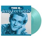 Text: "This is... Jerry Lee Lewis". Ein blaues Albumcover mit einem Porträt eines jungen Mannes, die Schallplatte ist grün.