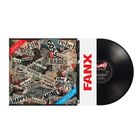 Wörter wie "FUN", "GOSSIP", "BABIES", auf Zeitungsfetzen. Rechts ein schwarzes Vinyl. Großes rotes "FANX".
