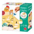 "Hidden Chicks", "2 games in 1". Illustration von Küken und einer Henne, samt schlichten Spielfiguren. Ab 3 Jahren geeignet.