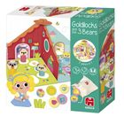 "Goldilocks and the 3 Bears", Illustration eines kindlichen Spielsets mit Bärenfiguren und einem bunten Häuschen.