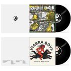 Oben: "VIAGRA BOYS" über Collage. Unten: "VIAGRA BOYS CALL OF THE WILD" über roten Figur auf Wolf. Vinyl rechts.