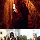 Oben: Personen in Mönchskutten mit Fackeln in einem Gewölbe. Unten links: Vor einem Gebäude, Mönche mit Gewehren. Rechts: Holzturm brennt.