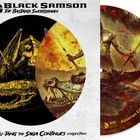 "BLACK SAMSON THE BASTARD SWORDSMAN" oben, "WU-TANG THE SAGA CONTINUES" unten. Illustration: Krieger mit Schwert und Dinosaurier.