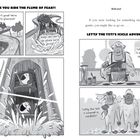 "Dare you ride the Flume of Fear?!", "This isn't good! We're about to plummet!", "Help! We can't see where we're going!", "Nooooooooo!", "BobLand", "Letty the Yeti's Icicle Adventure", "Letty the Yeti is addicted to spaghetti!", "Letty the Yeti is covered in confetti!" - Links: Fahrt auf Wasserrutsche. Rechts: Yeti kocht Spaghetti.