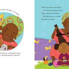 Links: „Chino hides her face under the pillow, 'It’s today?'“  
Rechts: „What if you don’t come back?“  
Illustration: Eine Frau frisiert einem Kind die Haare.