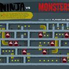NINJA VS MONSTERS, "Ready?", "Exit". Illustration eines Labyrinths mit Ninja, Monstern, Leitern und Röhren.
