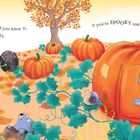 Text: "If you're SPOOKY and you know it, Hunt for treats." Illustration: Katze im Zauberumhang, Kürbisse, Haus in Kürbisform.