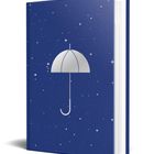 Buch mit blauem Cover, darin ein weißer Regenschirm auf einem sternenübersäten Hintergrund.