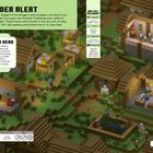 "Intruder Alert" und "We Need a Hero" prangen groß. Eine pixelige Dorfszene mit Gebäuden und Charakteren in Minecraft-Stil.