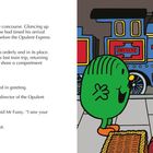 Ein Zug mit der Aufschrift "Opulent" bildet den Hintergrund. Zwei farbenfrohe Figuren stehen davor: Links eine grüne, rechts eine gelbe mit Hut.