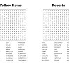 „Yellow Items“, „Deserts“. Wortsuchrätsel mit Wörtern wie BANANA, SAFFRON, SANDSTORM, OASIS. Zahlen 22 und 23 unten.