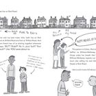 Texte: "NOT FAR To Idris", "BUTT HEADS OF BUTT ROAD!", "IGNORE THEM", "This is him. Idris." 

Illustration eines Wohngebietes mit Figuren, die interagieren.